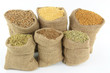Ingredients, Seasonings, Spices and Herbs in burlap sacks.
