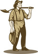 Miner prospector gold digger with shovel and pan