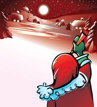 Santa Claus  Artist Draws Winter Landscape. Christmas  Card.
