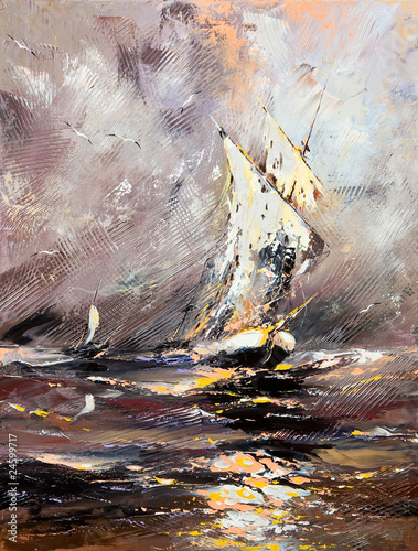 Naklejka na drzwi Sailing vessel in a stormy sea