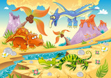 Fototapeta Dinusie - Dinosaurs with prehistoric background. Vector illustration