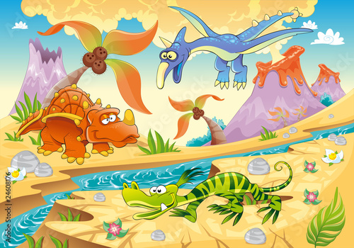 Fototapeta na wymiar Dinosaurs with prehistoric background. Vector illustration