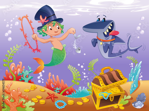 Foto-Vorhang - Triton with shark. Funny cartoon and vector characters. (von ddraw)