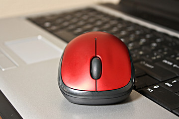 Red mouse on laptop keyboard background