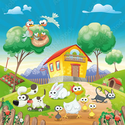 Nowoczesny obraz na płótnie Home with Animals. Cartoon and vector illustration.