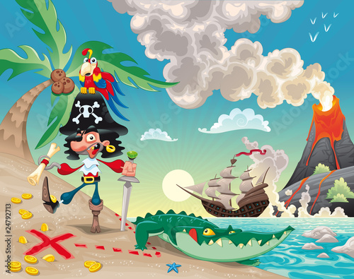 Obraz w ramie Pirate on the isle. Funny cartoon and vector scene.