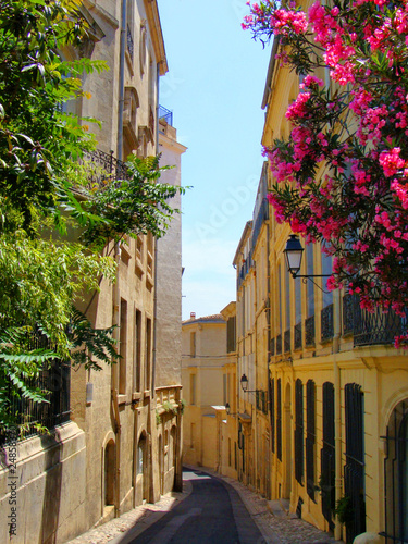 Naklejka na szybę Flowers lining a narrow street in old Montpellier, France