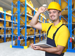 smiling worker in warehouse