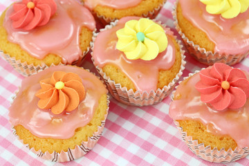 Wall Mural - Birthday cakes on pink background