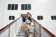 Girl And Boy With Mother Enter In White Passenger Liner