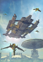 Wall Mural - spaceship and futuristic city