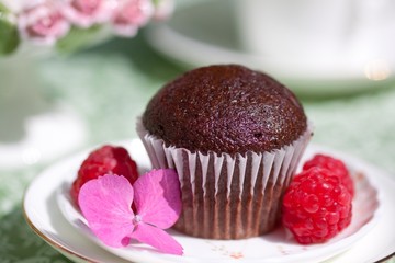 Wall Mural - Chocolate muffin with raspberries