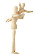 wooden figures parent holding his child on hands, full body