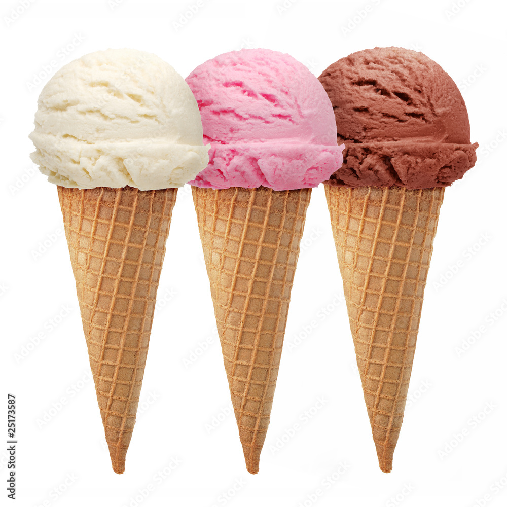Chocolate strawberry vanilla ice cream scoops with cone isolated on white  background. Stock Photo | Adobe Stock, image size:1000x1000