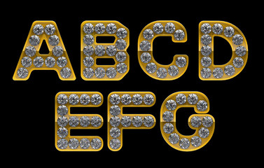 Golden A, B, C, D, E, F, G letters incrusted with diamonds