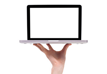 a male hand holding a laptop