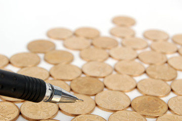 pen with coins