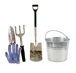 various garden tools on a white background