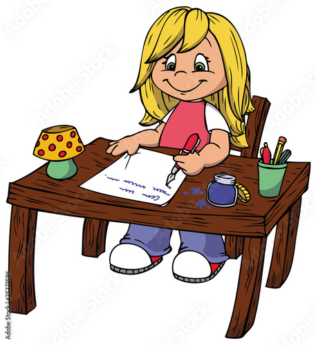 Mädchen, Schreibtisch, Hausaufgaben, schreiben Stock-Illustration