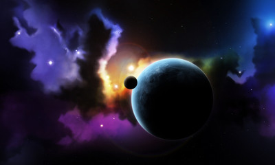 Wall Mural - Fantasy space nebula and planet with satellite