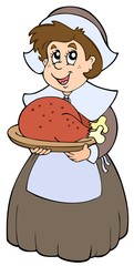 Wall Mural - Pilgrim woman with roast turkey