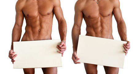 Wall Mural - Naked Muscular Torso Covering Copy Space Box