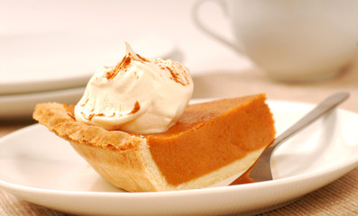 Slice of pumpkin pie with whipped cream