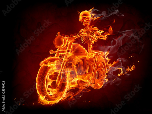 Nowoczesny obraz na płótnie Motocyklista w ogniu na czarnym tle