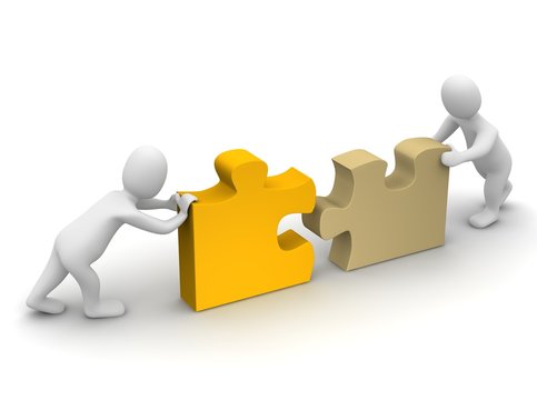 Two mans completing puzzle. 3d rendered illustration.