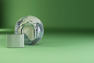 Poster - Earth with padlock on green background