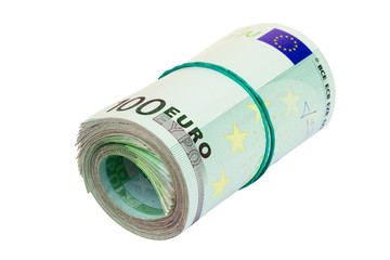 Wall Mural - Roll of hundred euro isolated on white