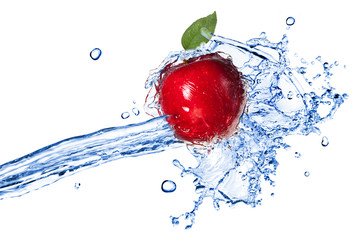 Wall Mural - red apple with leaf and water splash isolated on white