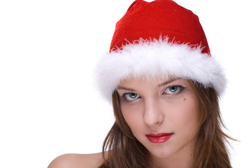 Closeup portrait of emotional girl in santa clause dress