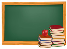 School Books With Apple In Front Of The Blackboard.Vector.