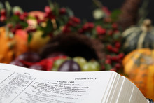 Bible Open To Psalm 100 With Thanksgiving Text And Cornucopia