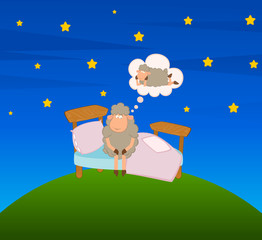 Wall Mural - Vector illustration of cartoon sheep in bed