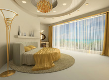 The Round Bed In A Luxurious Interior With A Large Window