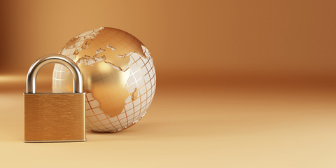 Poster - Earth with padlock on yellow background