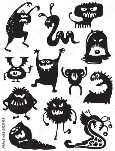 Cuadros en Lienzo Silhouettes of cute doodle monsters-bacteria