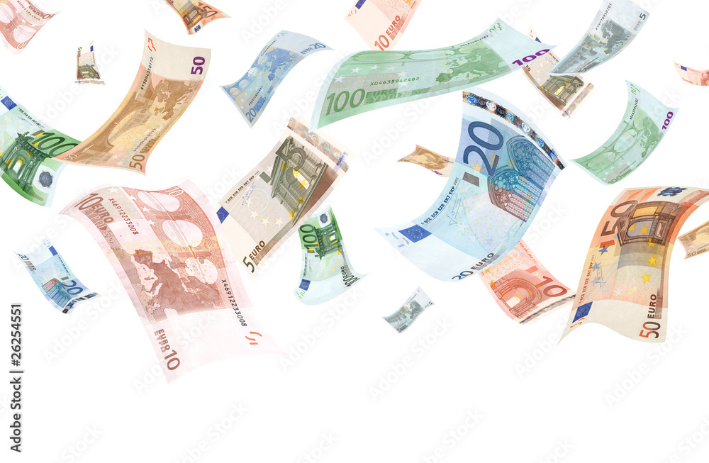 Falling euros on white background (copyspace below) - obrazy, fototapety, plakaty 