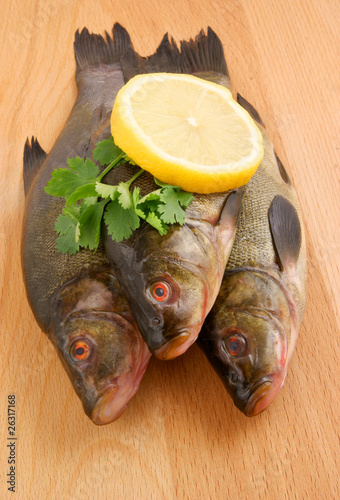 Fényképezés Raw tench with lemon and parsley on wooden background