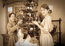 Vintage Photo Of  Daughter With Mother Decorating Christmas Tree