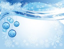 Blue Glass Christmas Balls Hanging From Fir-tree