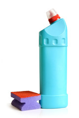 Plastic blue bottle and sponge