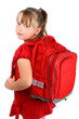 Small girl with red school bag isolated on white