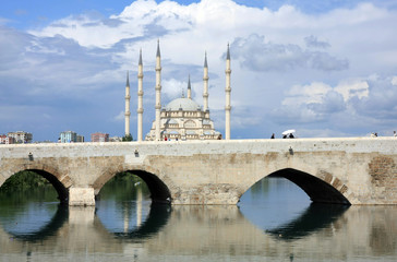 Stone Bridge and Sabanci Central Mosque in Adana, Turkey
