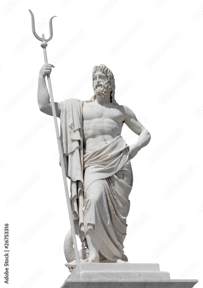 Marble statue of the sea god Neptune isolated on white - obrazy, fototapety, plakaty 