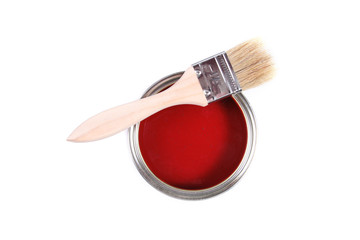 Sticker - red paint can with brush isolated on a white background