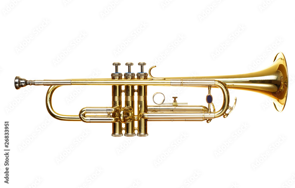 brass trumpet over white background - obrazy, fototapety, plakaty 