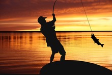 Fisherman With A Catching Fish On Sunrise Background